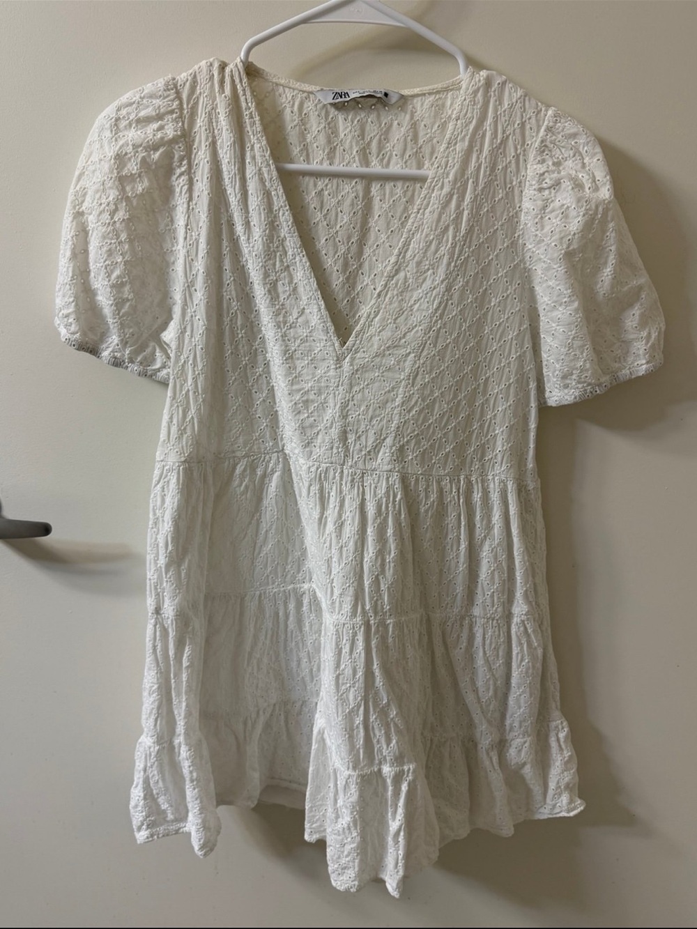 Zara Cream Eyelet V-Neck Tiered Mini Dress